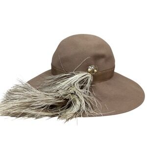 Ms Jo Ann Wool Felt Wide Brim Hat Feathers Rhinestone Accent Ribbon Trim Sz OSFA